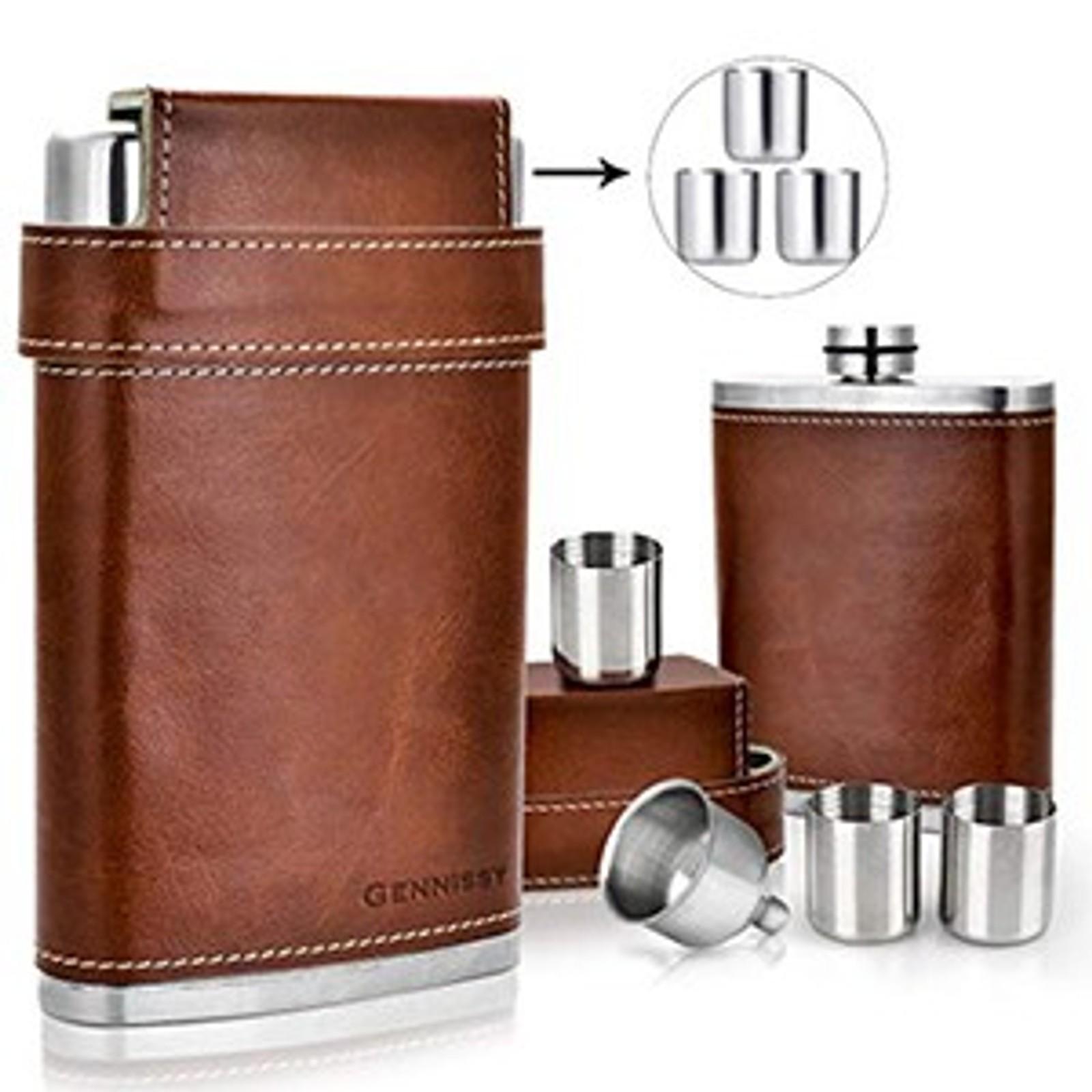 GENNISSY 8oz Hip Flask for Men - 304(18/8) Stainless Steel Bourbon Whiskey Flask, Leakproof with Brown Leather Wrap - Includes Funnel & 3 Mini Cups for Dad, Gifts, TravelGift