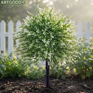 ARTGOOD Set of 2 Premium Artificial White Lavender Topiary Ball Stakes - 51cm UV Protected Faux Garden Plants for Outdoor Patio, Path & Border Decor