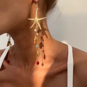 Women's Boho Style Alloy Statement Earrings Set, Ocean-Inspired Starfish Shell Design, Irregular Crystal Beaded Dangle Jewelry for Daily Wear & Vacation