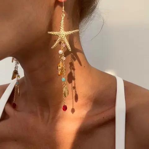 Women's Boho Style Alloy Statement Dangling Earrings, Ocean-Inspired Starfish Shell Design, Irregular Crystal Beaded Dangle Jewelry for Daily Wear & Vacation