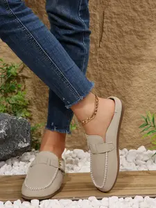 Women's Fashion Open-Toe Slip-On Mules, Casual Low-Top PU Leather Sandals, All Season Flat Shoes for Daily Wear, Peep Toe Mules