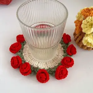 Purple handmade crocheted rose coaster and flower basket – a non-slip, mini desktop decoration in a bouquet design, a romantic gift for girls and mothers, perfect for birthdays, anniversaries, and Valentine's Day.