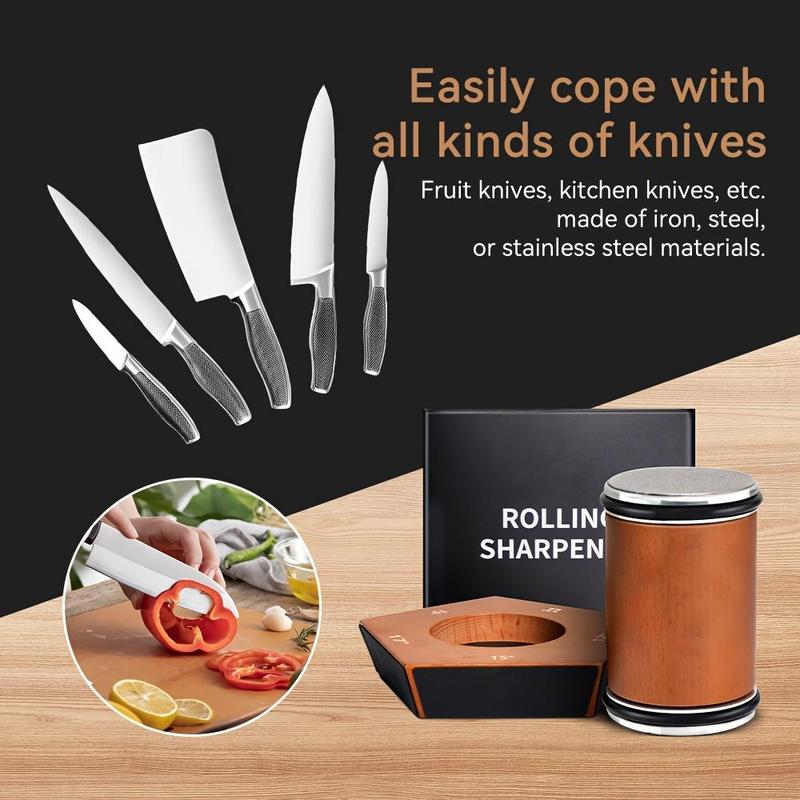 Rolling Knife Sharpener Set, Diamond Arc Edge Knife Sharpener, Wooden Handle with Magnetic Base, Adjustable Angle, Multifunctional Kitchen Knife Sharpening Tool Set