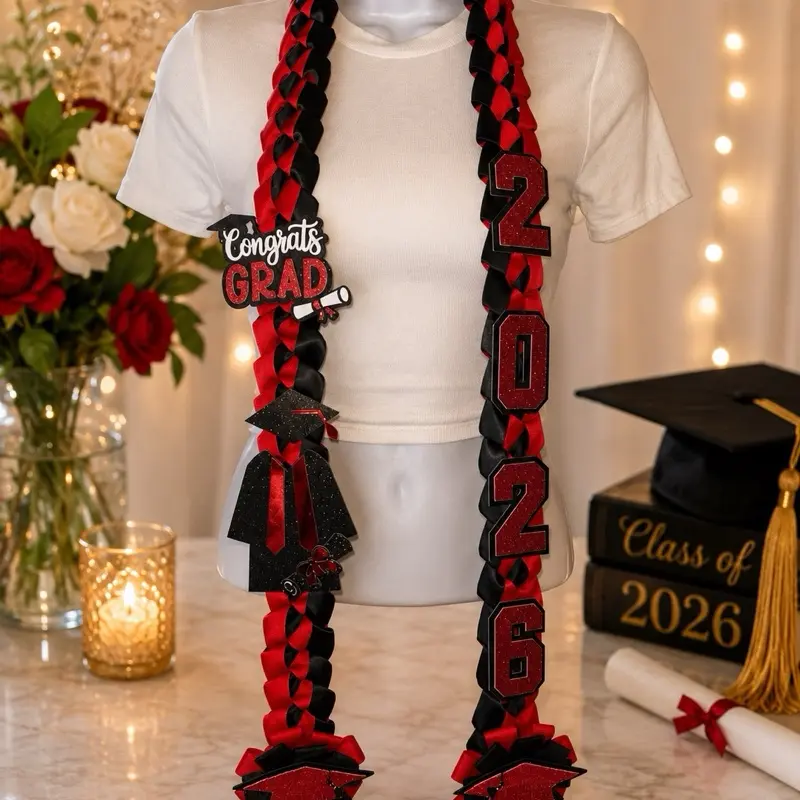 Red & Black Graduation Ribbon Lei