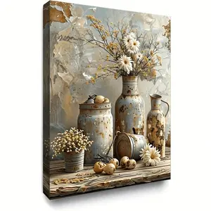 Vintage Rustic White Daisy Floral Canvas Wall Art, Thickened Frame Print Suitable for Living Room, Bedroom, Kitchen Decoration - Ready to Hang, Space Decoration