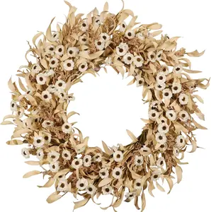 24-Inch White Floral Front Door Wreath - Spring Summer Farmhouse Decor with Artificial Eucalyptus, Boxwood, Grain Stems for Indoor Outdoor Use