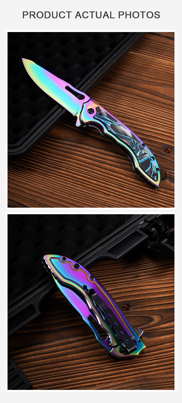 Portable EDC multifunctional tactical outdoor colorful folding knife and pocket knife. All-steel construction with a quick-opening design; outdoor cutting tool designed specifically for climbing and fishing; an essential item for camping and hiking.