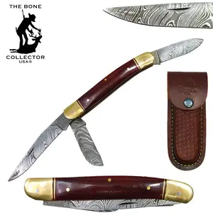 Handmade 5" Clip Point Damascus Folding Knife, BC 875-DBC Bone Collector 3-Blade Design, Brass Bolster, Red Steel Finish, Leather Sheath for Camping, Hiking