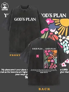 Unisex Y2K Style God's Plan & Blooming Flowers Print Washed Cotton Round Neck T-Shirt, Streetwear Casual Faith Culture Trendy Clothing