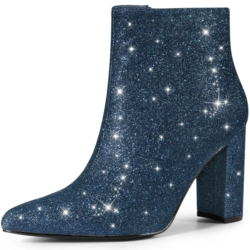 Perphy Women's Glitter Ankle Booties, Pointed Toe Chunky Heel Party Shoe with Side Zipper and Rubber Sole