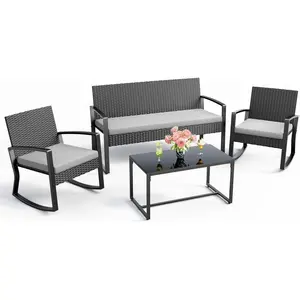 Gizoon 4 Piece Outdoor Patio Furniture Set, Wicker Patio Furniture with Glass Coffee Table, Rocking Wicker Bistro Set, for Backyard, Poolside, Porch (Grey)