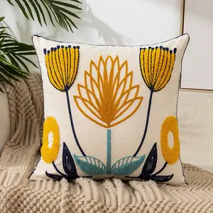 Colorful Floral Embroidered Pillow Cover, 18x18 Inches, Bohemian Style Flower Decorative Cushion Case, Soft Cotton Linen Texture, Living Room Sofa Bed