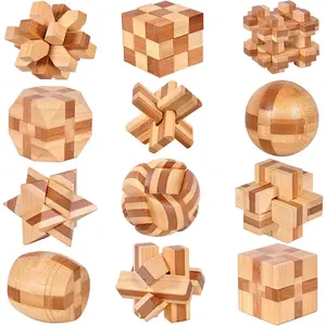 12pcs Wooden Brain Teaser Puzzles IQ Challenge Puzzle Games Logic Smart Mind Puzzle Box Lock Toy Removing Assembling 3D Small Puzzle Gift Set for Adults Teenagers Kids 1.8inch 4.5cm