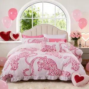 Pink Leopard Ruffled 5-Piece Bedding Set - Satin Pillowcases,Insert Not Included Cloud-Soft, All-Season, Ideal Birthday & Valentine’s Gift
