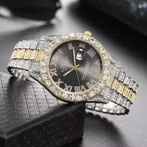 Hot Sale Diamond Bling Watch Men Gold Color Luxury Gift Quartz Watches Male Clock Dropshipping Rhinestone Calendar Wristwatch