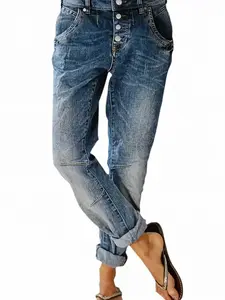 Women's Elastic Straight Leg Casual Low Waist Fit Denim Jeans Pants,stretchy jeans for women,barrel jeans women, Washed Button Fly Detail, 90s Fashion Style, Comfortable Daily Wear