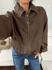 Vintage Distressed Acid-Washed PU Leather Jacket, New Arrival Autumn