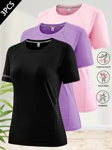 Women's Yoga Sports T-Shirt Set, 3-Piece Outdoor Summer Activewear, Fashion Casual Round Neck Running Top, Comfortable Sportswear