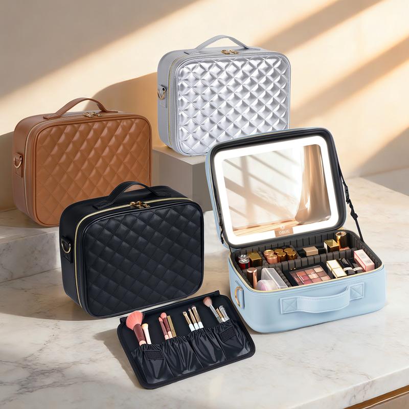 Makeup Bag with LED Mirror, Light Travel Makeup Train Case for Women, Cosmetic Bag Organizer, Portable Artist Storage Bag with Adjustable Dividers Makeup Brushes Storage Organizer and 3 Color Lights