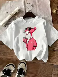 Women's Pink Panther Print Casual Summer Top, Round Neck Short Sleeve T-Shirt for Lady, Fitted Sporty Style, All Seasons Wear Leopard