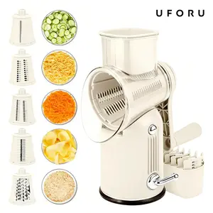 UFORU 5-in-1 Multifunction Rotary Cheese Shredder & Plastic Kitchen Utensils, Vegetable Chopper with Suction Base, 10 Stainless Blades & Safety Handle - for Cheese, Vegetables, Chicken