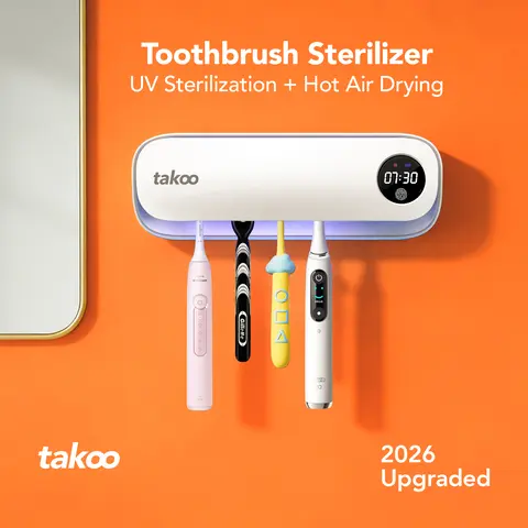 TAKOO Plastic UV Automatic Toothbrush Holder - UVC Sterilizer, Wall-Mounted Bathroom Organizer with Hot Air Dryer, Rechargeable Multi-Compartment Toothbrush Protector for Families