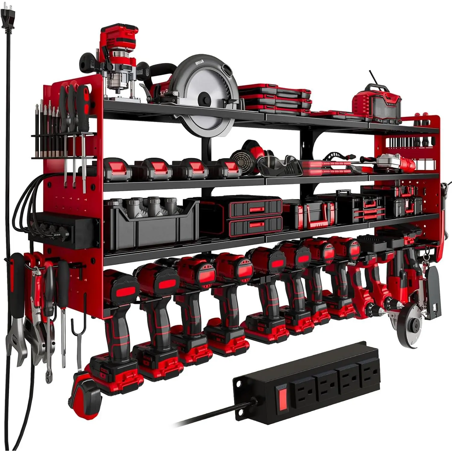 12 Cordless Drill Holder Large Power Tool Organizer Wall Mount with Side Pegboard &  Holder, 4-Tier Heavy Duty Metal Tool Storage Rack with 4-Outlet Power Strip