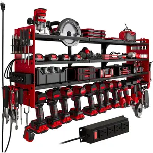 12 Cordless Drill Holder Large Power Tool Organizer Wall Mount with Side Pegboard &  Holder, 4-Tier Heavy Duty Metal Tool Storage Rack with 4-Outlet Power Strip