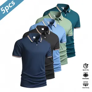 Men’s 5-piece quick-dry polo shirt set, suitable for golf, tennis, and equestrian sports; comfortable to wear, featuring a color-block collar and cuffs; perfect for casual gatherings, holiday travel, and more., Fitted Cut, Colorblock