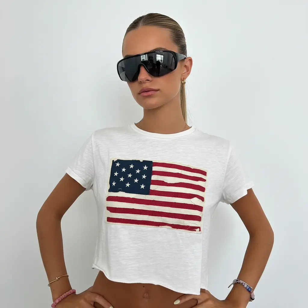 Women's Flag Print Crop T-shirt, Comfy Short Sleeve Crew Neck Polyester Top for 4th of July Summer Casual Wear, Shortsleeve, Tshirt, Women's Clothes, Crop Tops For Women