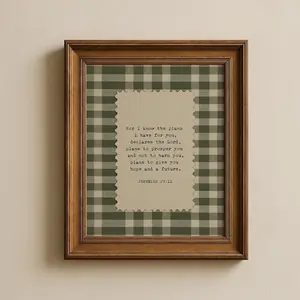 Gingham Bible Verse Wall Art | Vintage Scripture Print Jeremiah 29:11 Unframed