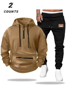 Men's Fall Winter Set, Hooded Half-Zip Sweatshirt + Drawstring Pants with Pockets, Letter Print, Loose Fit, Comfortable Soft Fabric, Casual Street Style