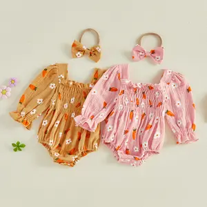Infant Baby Girls Easter Romper Floral Print Long Sleeve Smocked Bust Jumpsuit with Bow Headband 0-18 Months
