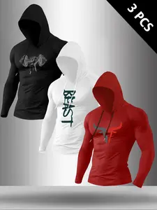 Men's Classic 3-Piece Set Letter Cow Print Bull Hooded Knit Long Sleeve T-Shirt, Casual Fitted Top for Fall & Winter Fitness Wear Graphic Hoodie