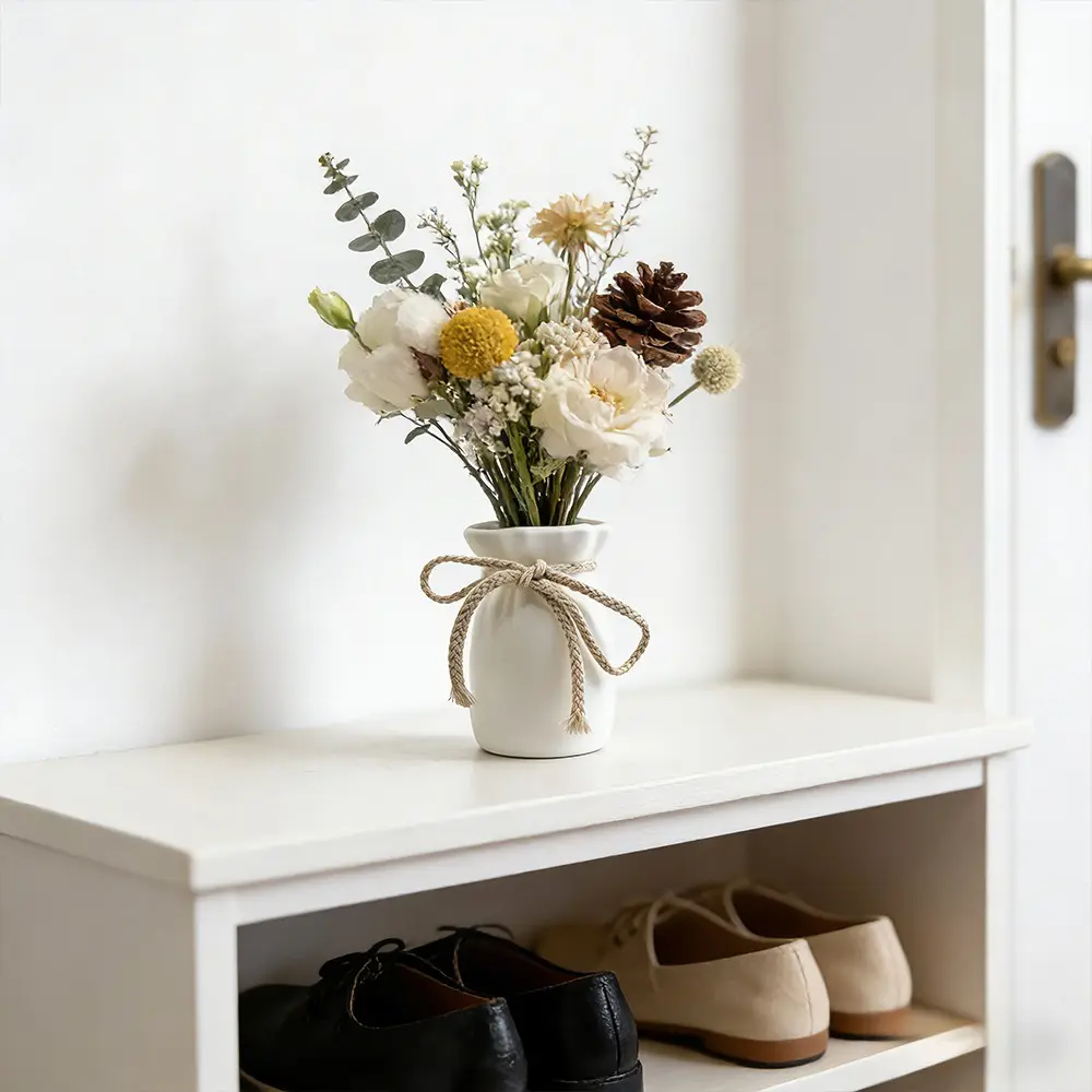 White Sack Vase Woven Rope Decor Boho Farmhouse Decor Small Decorative Vase Desktop Organizer Rustic Table Centerpiece Water Resistant Easy Clean Dried Flower Vase, Vases For Flowers, Neutral Home Decor Flower Vases For Centerpieces