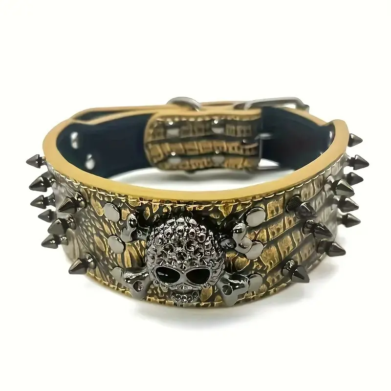 Spiked PU leather dog collar with leash set, wide anti-bite skull rivet dog collar, heavy-duty training walking collar for medium and large dogs, Halloween pet accessory