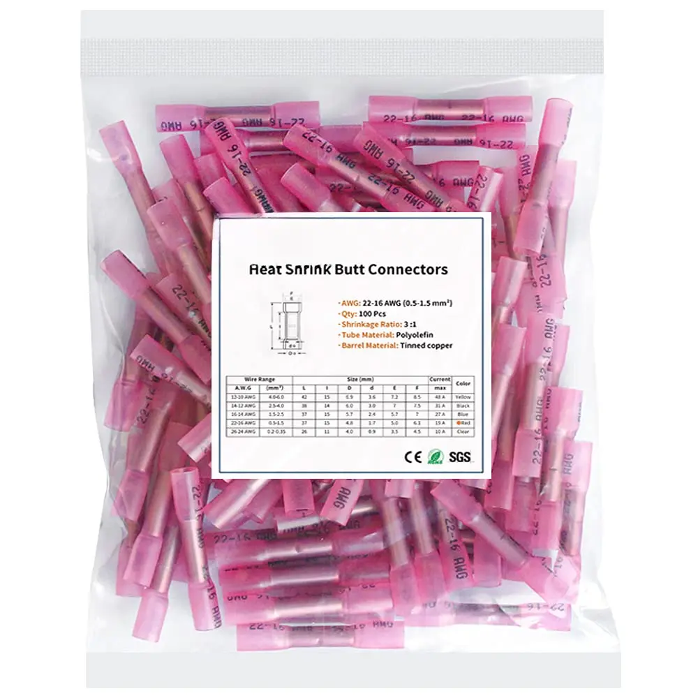 Heat Shrink  Connectors, 22-16 AWG 100 count Red Marine Grade Insulated Crimp Wire Connectors,  Electrical Connectors  Splice for Boat  Wiring