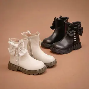 NewGirls' Fashion Ankle Boots with Bowknot - Vintage & Preppy Style Solid Color Booties Casual Wear, Parties, and Fashion - Zip-Up Closure, Breathable Lining, Round Toe Short Barrel Boots Ages 14 and Under - PU Upper, Inner, TPR Sole