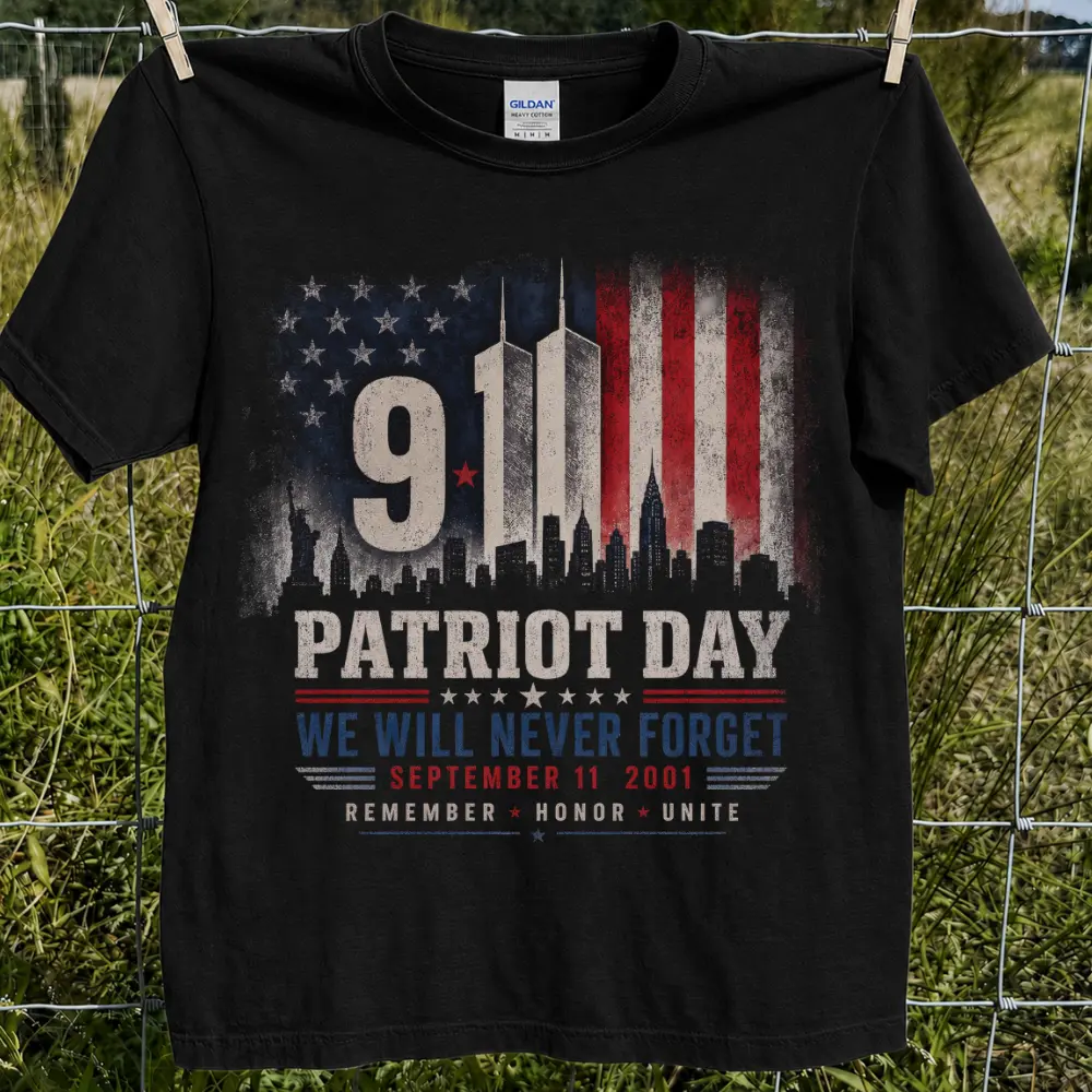 Patriot Day 9/11 Shirt, Never Forget September 11 2001 Memorial Tee, American Flag Twin Towers Skyline Graphic, Remember Honor Unite Patriotic T-Shirt, Gift for Veterans Firefighters Police, Fast Shipping USA