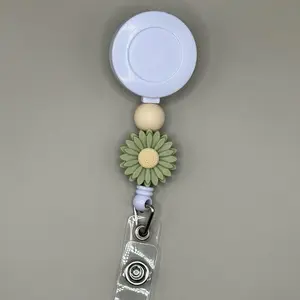 Sage Green Daisy Badge Reel: Silicone Bead ID Holder for Nurses