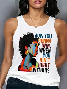 Women's Summer Casual Loose-Fitting Fashion Tank Top with Letter and Woman Portrait Print, Soft and Comfortable Home Essential, Womenswear