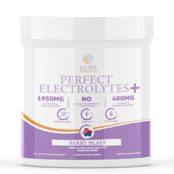 Hope Essentials Perfect Electrolytes+ Berry Blast - 20 Stick Packs, 1950mg Electrolytes, 400mg Vitamin C, No Sugar, Gluten-Free, Immune Support Drink for Youth