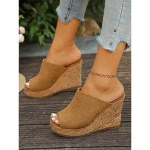 Women's Summer New Thick Sole Wedge Sandals, Open Toe Backless Fabric Slip-On Slippers, Casual Comfortable Shoes for Women