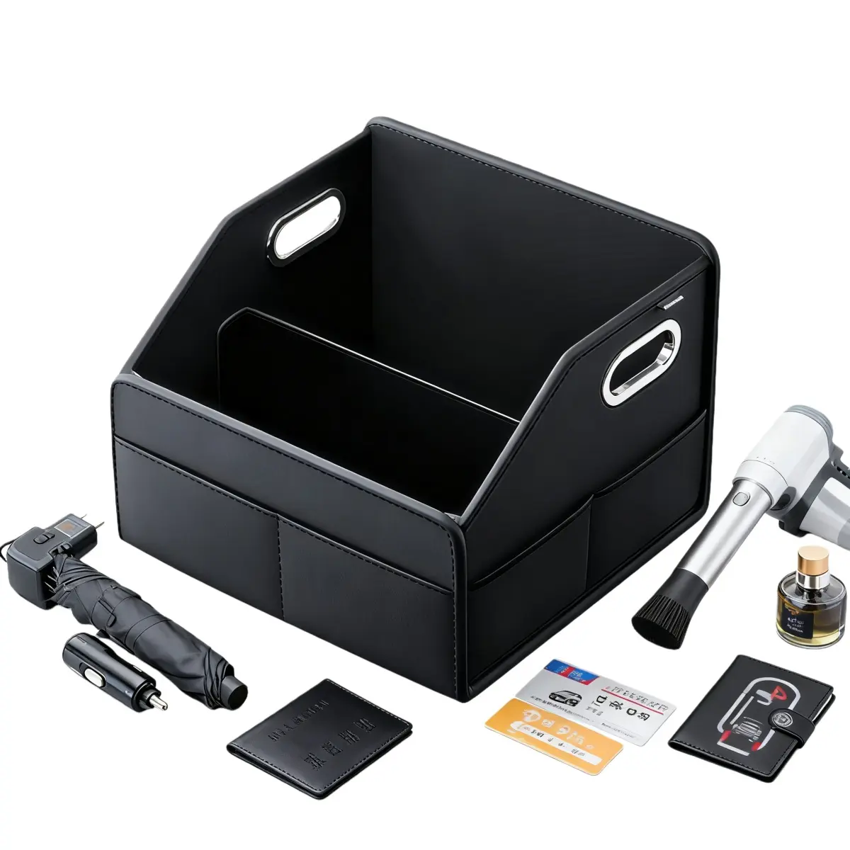 Luxurious PU Leather Organizer For Car Trunk, Large Trunk Cargo Organizer Folding Storage Box with Reinforced Handles, Universal Foldable Car Storage Organizer with Multi-pocket, Black