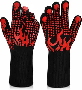BBQ Gloves, 1472 Degree F Heat Resistant Grilling Gloves Silicone Non-Slip Oven Gloves Long Kitchen Gloves for Barbecue, Cooking, Baking, Cutting