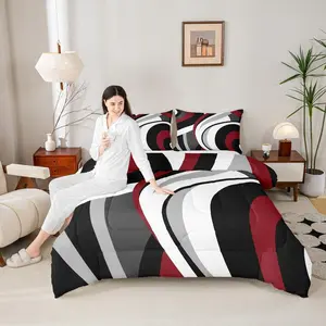 Red Black Stripes Bedding Set,Abstract Circle Waves Comforter Set,Swirl Quilted Duvet for Kids Teens Girls Women Room Decor Modern Grey White Bedspread