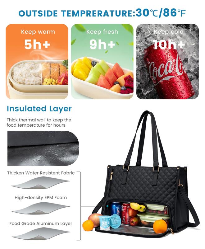 Large Women's Lunch Bags with Insulated Compartment 15.6" Laptop Tote Bag with Leakproof Lunch Box Pocket Work Bag Handbag Black Quilted Design Travel Essentials