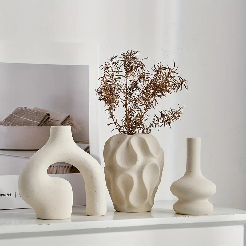 3PCS Bohemian Ceramic Vase 3 Piece Set Modern Nordic Minimalist Round Donut Shape Geometric Pattern for Living Room Entryway Coffee Table Home Decor Gift No Battery Required, Decorative Vase
