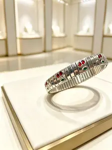 Cherry Charm Stretch Bracelet, Silver Tone Elastic Bangle with Red Cherry Enamel, Cute Fashion Jewelry for Women & Girls