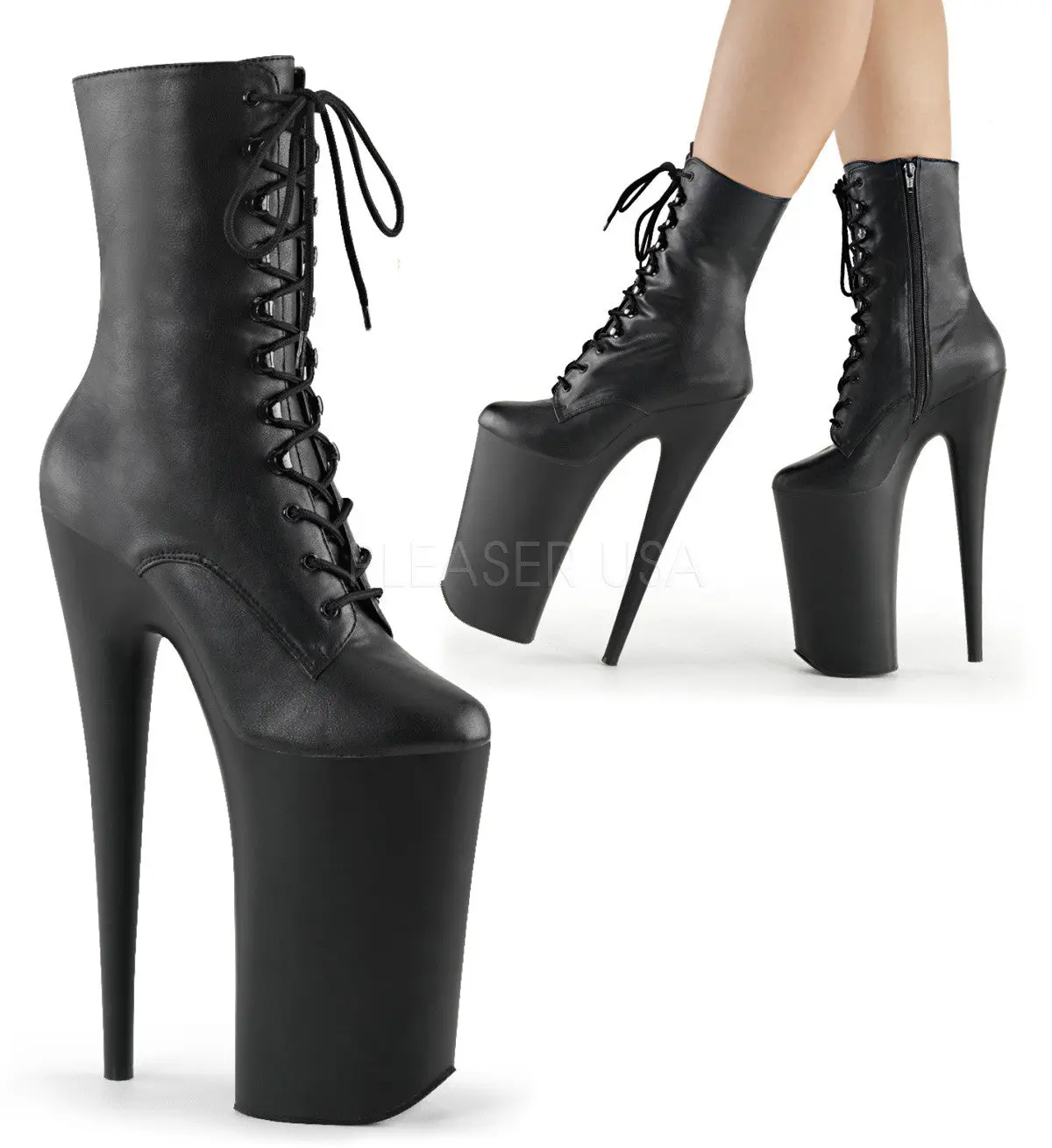 Women's 10-in Platform Lace Boot - BEYOND-1020 Black PU Heel Shoe
